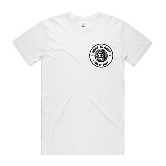 Pray To Huey organic cotton surf tee in white with chest logo — Australian surf apparel